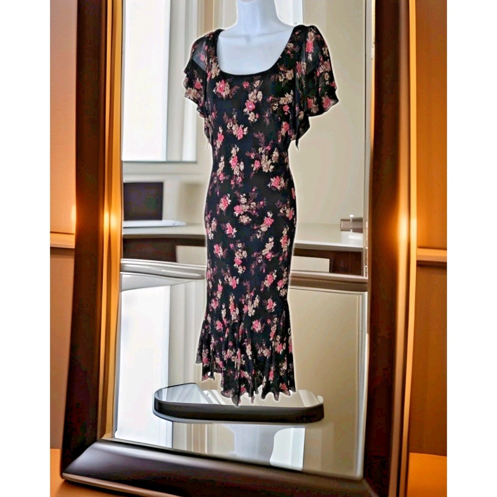 Dressbarn Maxi Dress M Black Floral 90s Chiffon Fairycore Whimsigoth Witchy Y2K
